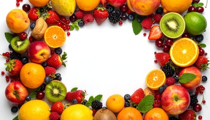 A colorful, vibrant assortment of various fruits arranged on a white surface