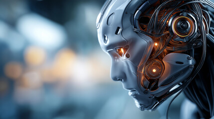 Futuristic silver robot head shows glowing orange eyes, intricate design, exposed wires, powerful armor, machine stands in rugged blurred background with dynamic light effects, hin