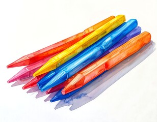 A colorful watercolor painting of six stacked plastic pens