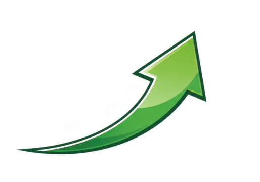 Green upward curved arrow isolated on transparent background