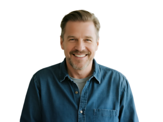 A man with a smile is dressed in a blue denim shirt, presenting a casual and pleasant appearance.