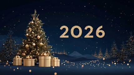 Festive illuminated christmas tree with golden presents and glowing lights celebrating the arrival of the year 2026