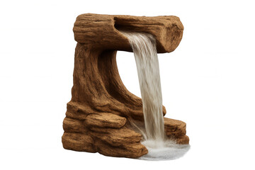 Fototapeta premium Decorative rustic waterfall fountain made of wood log and rocks, creating a serene garden water feature