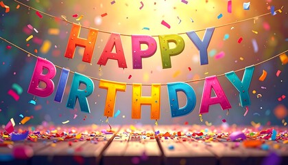 Festive birthday banner with colorful letters and confetti