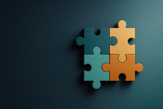 four colorful puzzle pieces fitting together on teal background