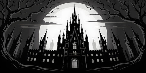 Spooky gothic castle silhouette bathed in full moon glow eerie night scene
