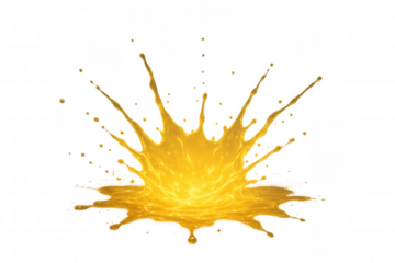 Yellow liquid splashing creating a dynamic crown shape with droplets, abstract beverage or paint element