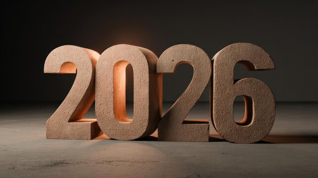 Rustic wooden numbers spelling out the year 2026 illuminated by soft light on a textured surface