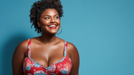 Beautiful woman wearing colorful swimwear smiles joyfully in front of a bright blue background