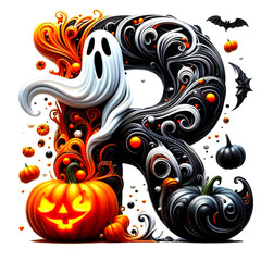 Halloween-Themed Letter R: Spooktacular illustration of the letter R, creatively adorned with Halloween elements, features a ghost and pumpkins.