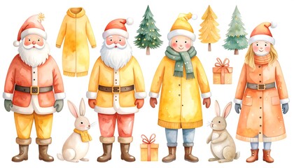 Festive cartoon illustrations of Santa figures, trees, and coats