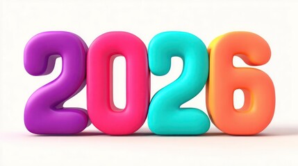 Colorful inflatable balloons forming the number 2026 against a white background for new year celebrations