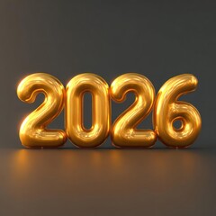 Shiny golden balloons spelling out the year 2026 with a dark background and reflective surface