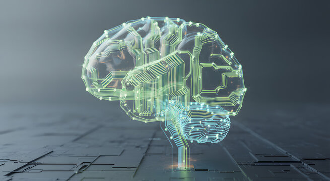 Luminous digital brain hologram futuristic technology and neural network concept