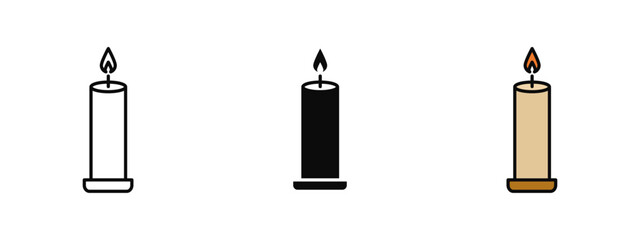 Candle icon in stroke, fill, and color variations with a clean white background perfect for representing light, celebrations, spirituality, relaxation, and cozy atmospheres.
