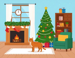 Festive cartoon living room with a cat, Christmas tree, fireplace, and presents