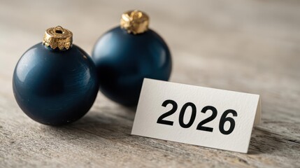 Two dark blue christmas ornaments sit on a textured wooden surface next to a card displaying the year 2026
