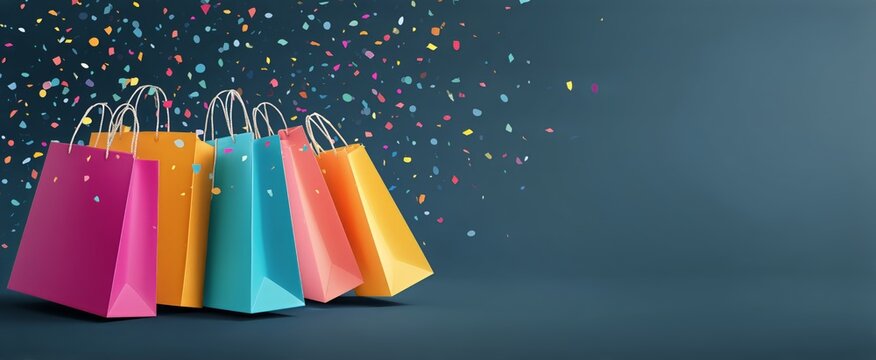 Colorful Shopping Bags With Confetti Scattered Against a Blue Background