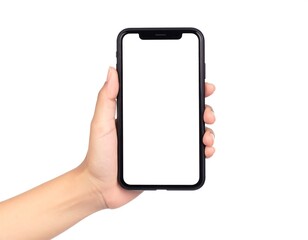 A hand holding a smartphone with a blank white screen isolated