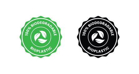 100% Biodegradable Bio Plastic stamp emblem logo, biodegradable recyclable plastic free package symbol, eco friendly product template. Vector illustration isolated on transparent background. EPS 10.
