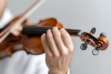 A person is playing a stringed instrument. The violinist uses their left hand to hold the strings and tunes the instrument with the tuning pegs. The musician is wearing white.