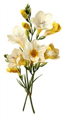 Fototapeta premium freesia bouquet with white and yellow blossoms, green stems, and buds
