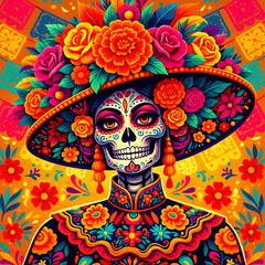 Catrina Celebration: A vibrant portrayal of a traditional cultural icon adorned with elaborate floral headwear and intricate skeletal makeup, epitomizing the festive spirit of Dia de los Muertos.