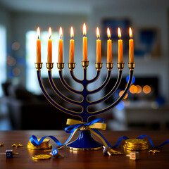 Radiant Light: The warm glow of candles dance atop a classic menorah, casting a serene light on the table, creating a scene of warmth and reverence, evoking the spirit of celebration.
