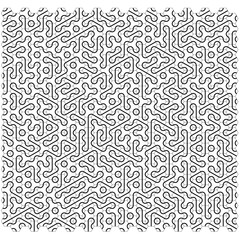 A complex geometric pattern with intertwining lines and circular elements, forming an endless grid. Thin black outlines on a white background