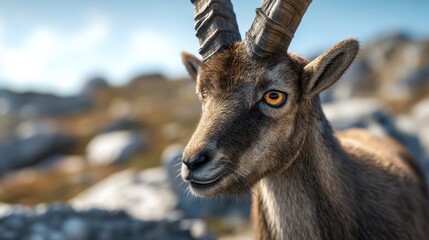 Obraz premium Mountain goat gazing curiously in a rocky landscape under a bright blue sky during daytime