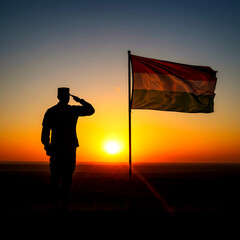 Saluting the Nation: A silhouette of a soldier salutes the Hungarian flag against the backdrop of a fiery sunset, conveying respect, duty, and patriotism.