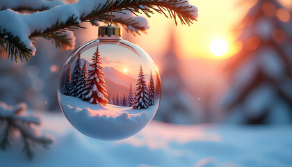 Glass Christmas Ornament Reflecting Snowy Landscape with Sunset and Mountains