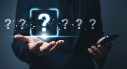Mystery concept with digital question marks and businessperson holding smartphone