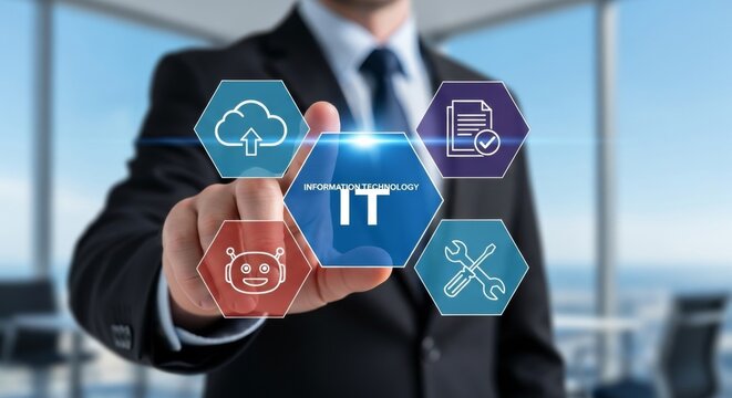 Businessman engaging with virtual it interface in modern office setting