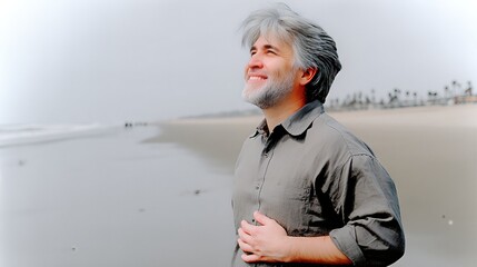 Fototapeta premium Gray Haired Man Enjoys a Serene Beach Stroll While Feeling the Ocean Breeze
