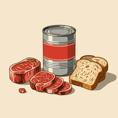Jar of stew beside bread. Canned meat with sliced fresh meat and bread on neutral background  