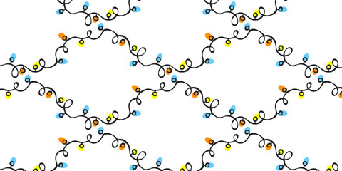 Christmas or New Year seamless pattern with hand-drawn Christmas trees and lanterns. Festive doodle background for wrapping paper, greeting cards, fabric, or winter holiday decoration.