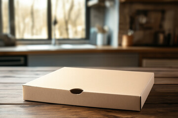 A closed pizza box mockup placed on a rustic wooden table with a blank surface ready for branding or logo placement. Generative AI