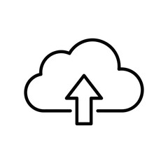 Outline icon of data upload toward a cloud shape on a plain white background for technology applications