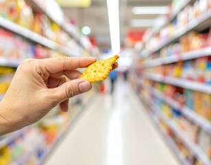 A hand holds a cracker in a supermarket aisle, blurred background