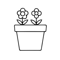 Minimalist outline depiction of two flowers in a square plant pot on a white background