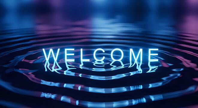 Stunning neon WELCOME sign glowing on rippling water surface creates inviting atmosphere