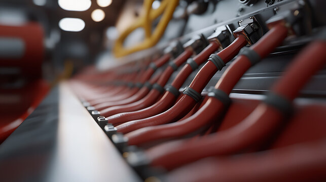 A focused view of a neatly organized array of red cables connected to a gray panel, secured by gray straps, symbolizing meticulous engineering and robust connectivity.