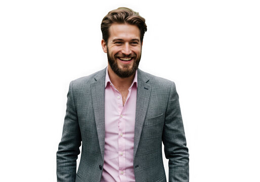 Smiling man in blazer and pink shirt isolated on transparent background