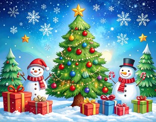 Festive Christmas scene with snowmen, tree, gifts, and snowflakes