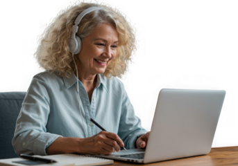 Smiling senior woman with headphones using laptop and taking notes isolated on transparent background