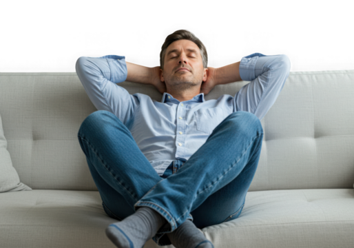 Man relaxing on sofa with hands behind head isolated on transparent background