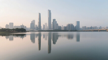 Naklejka premium A tranquil body of water mirrors the modern city skyline with prominent tall buildings under a clear sky.