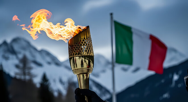 Golden Olympic torch ablaze against snowy mountains with Italian flag waving proudly