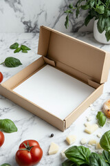 An open pizza box mockup with a blank interior lid, resting on a marble countertop with fresh ingredients like basil, tomatoes, and cheese. Generative AI